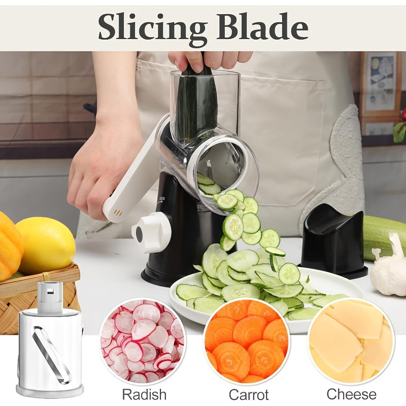 Rotary Cheese Planer Hand Crank Cheese Shredder Fresh Cheese, Vegetable Nuts, Non-Slip Suction Base, Free Cleaning Brush Three Blades