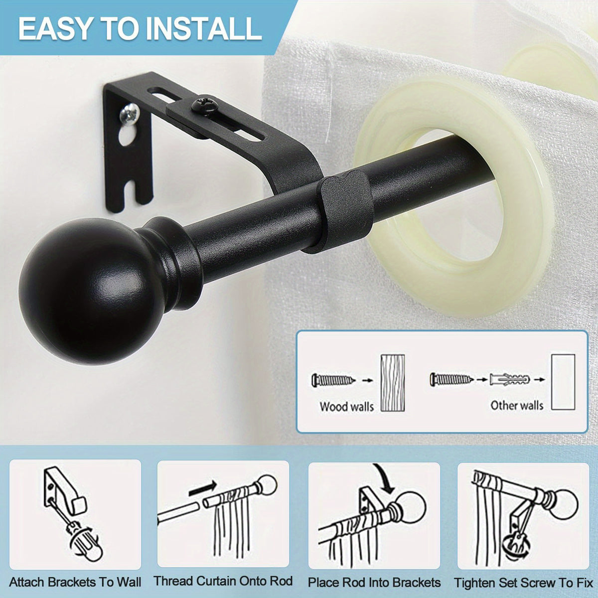 2 Pack Curtain Rods for Windows 28 to 95 Inch, 5/8 Inch Extra Long Matte Black Curtain Rod for Bathroom, Living Room, Kitchen