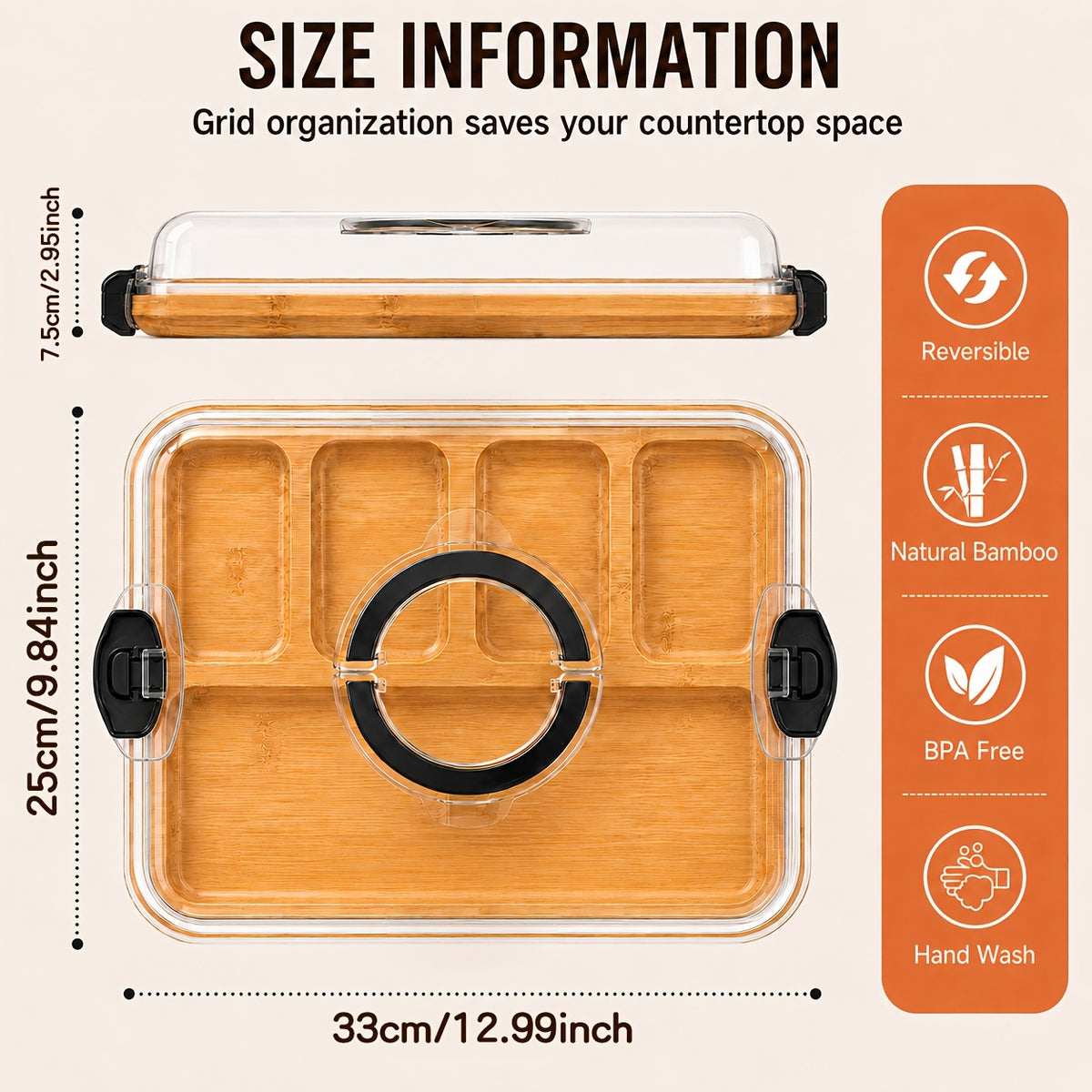 Cutting Board Charcuterie Tray with Clear Lid, 5-Compartment Bamboo Serving Board with Handle And Side Locks, Reusable Snack Platter for Cheese, Fruit, Crackers, Appetizers, Party, Picnic, Kitchen, Holiday Gathering