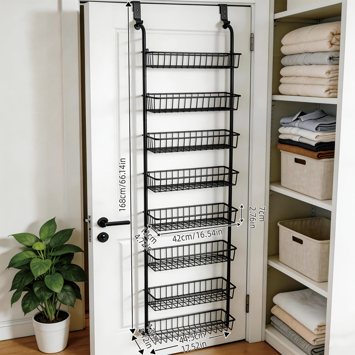 Over the Door Pantry Organizer with Adjustable Metal Baskets, 6 or 8 Tier Hanging Spice Storage Rack in Black or White for Kitchen Bathroom and Laundry
