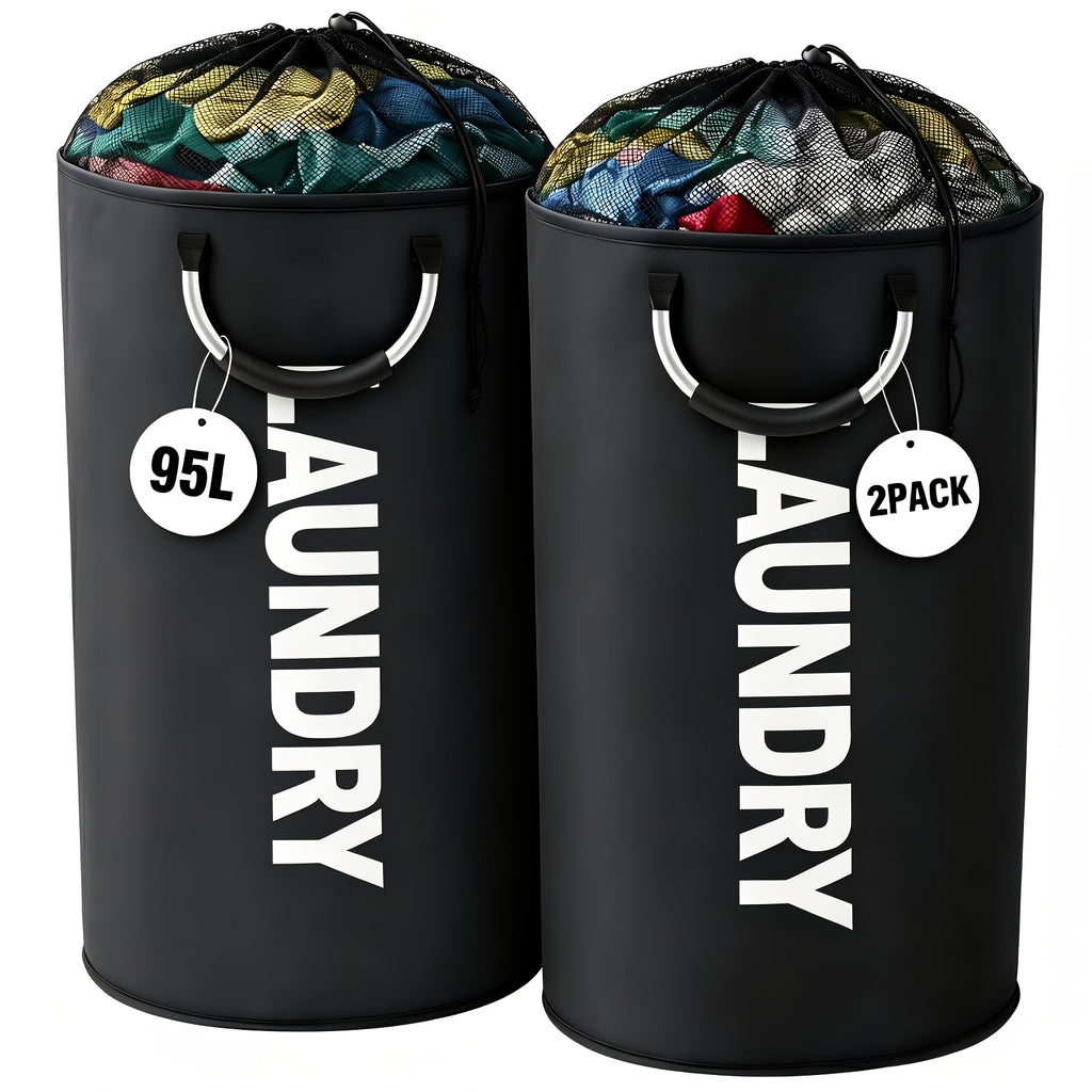 2-Pack Extra Large 25.1gal/30.38gal Foldable Laundry Baskets with New Drawstring Closure Design, Multi-Purpose Fabric Clothes Storage Baskets for Bathroom, Bedroom, Outdoor, And Dorm (Space-Saving Design); Each with Ring Handles, Premium Laundry Storage B