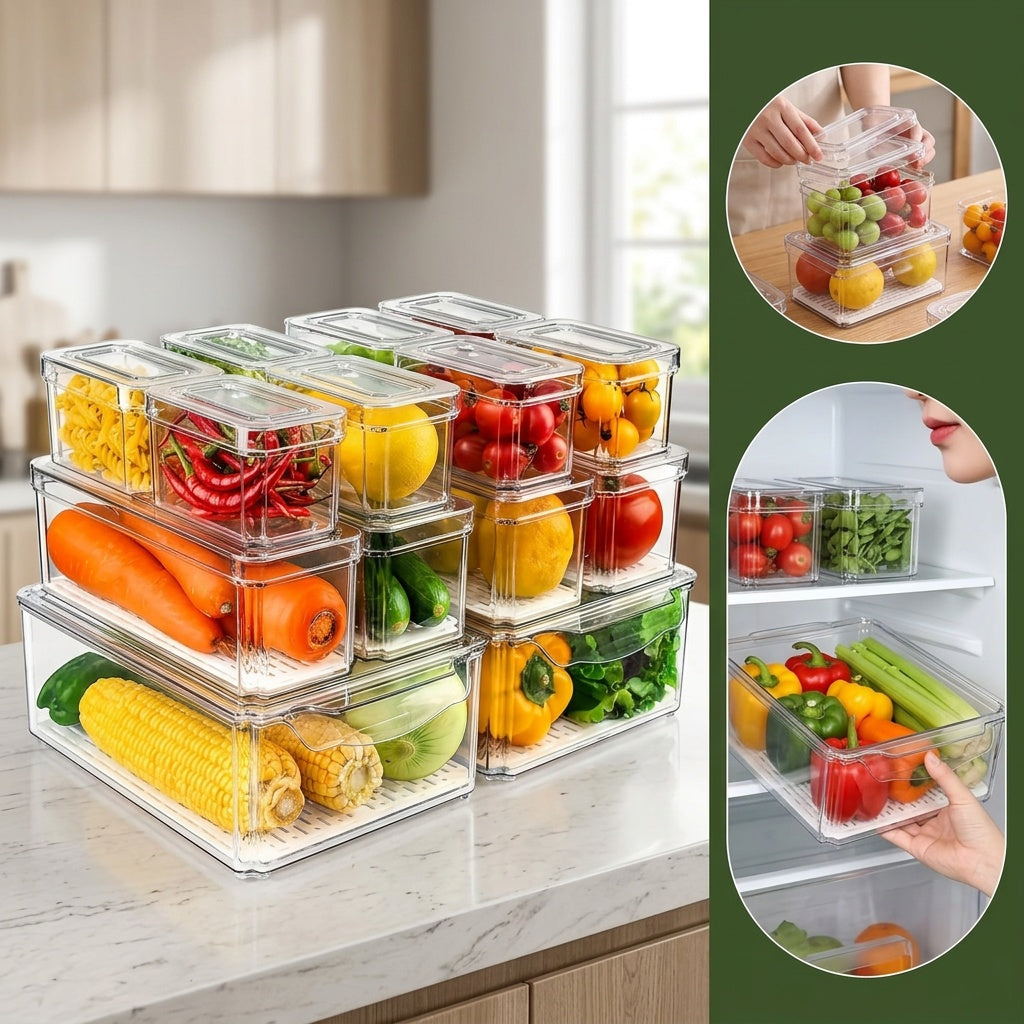 14pcs Food Organizers, Stackable & Reusable Fresh Food Boxes, Stackable Refrigerator Organizer Bins with Lids, Clear Fridge Organizers And Storage for Kitchen, Countertops, Cabinets, Fridge, Fruits, Vegetable, Cereals
