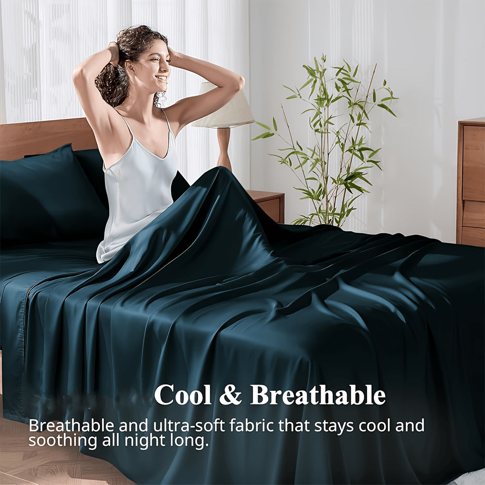 4pcs Bamboo Cooling Bedding - Extra Deep Pocket Breathable And Cooling - Suitable for Hot Sleepers And Sweats, Children Pillowcases, Flat Sheet And Fitted Sheet - A Perfect Gift for Family, Queen And King Sizes
