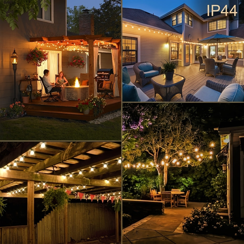 50/ 100 Ft Solar Outdoor String Light, Usb-Rechargeable Patio Rope Light, 2700K Warm White, Weather Resistant Material, 12+1/ 24+1 Breakproof ST38 E12 Bulb for Patio, Backyard, Porch, Outdoor Pool