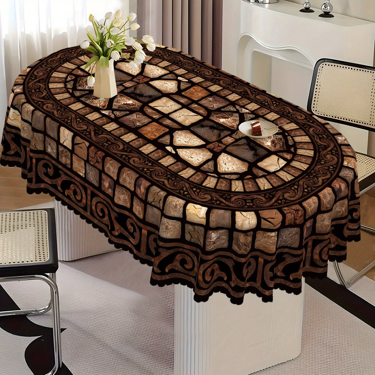 Brown Floral Tablecloth, Vintage Stone-Pattern Polyester Table Cover in Round and Rectangular Sizes for Rustic Dining Room and Traditional Home Decor
