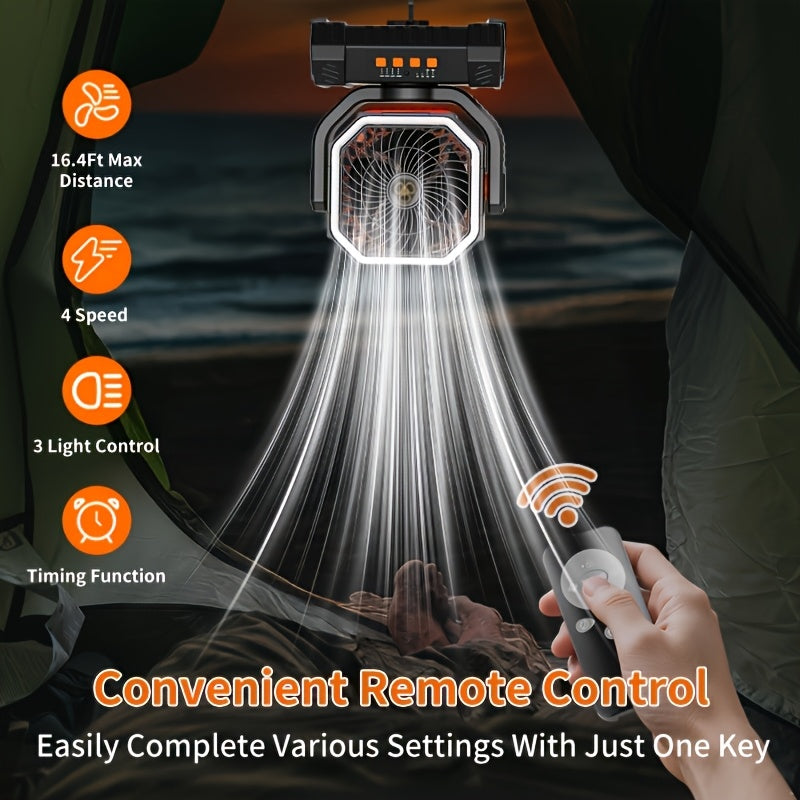 Portable Camping Fan with LED Light 20000Mah Rechargeable Battery Remote Control And Oscillating Function, 4 Wind Speeds, 90° Oscillation, 1-8 Hour Timer, Remote Control Included. Suitable for Indoor And Outdoor Use, Tents, Travel