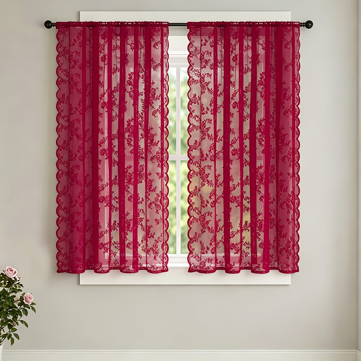 Set of Two White Lace Curtains with Floral Designs, Featuring a Bohemian Style And Semi-Transparent Fabric That Filters Sunlight. Suitable for All Seasons