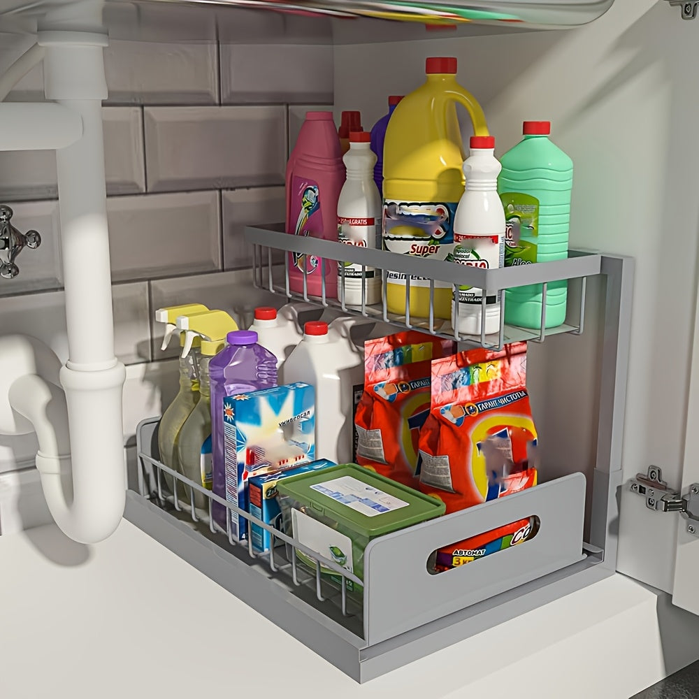 2-Tier Under Sink Organizers And Storage, Under Sink Organizer, Slide Out Pull Out Cabinet Organizer Shelf, Metal Sliding Drawer for Kitchen Bathroom Pantry Cabinet Closet Organization Rack (1 PACK/2 PACK)