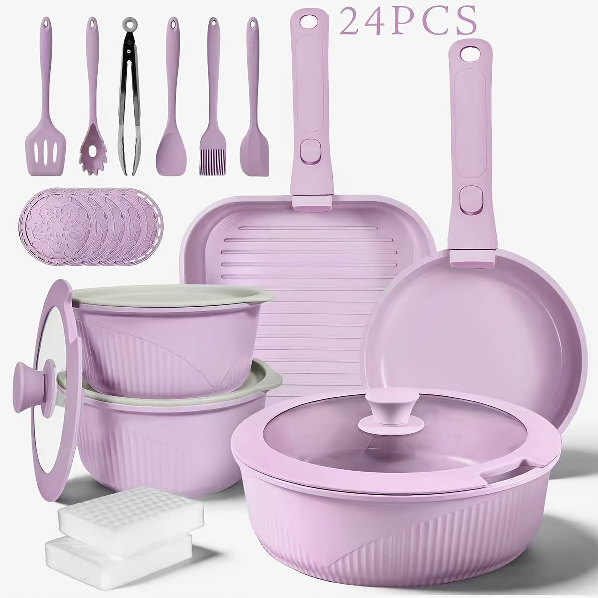 24pcs/7pcs/5pcs Cookware Set Non-Stick Pots & Pans Induction-Ready Kitchen Cookware Set Includes Skillet/Frying Pan/Soup Pot/Steak Pan Removable Handles Home & RV Kitchen Set Stackable Kitchen Accessories Easy To Clean Multiple Colors