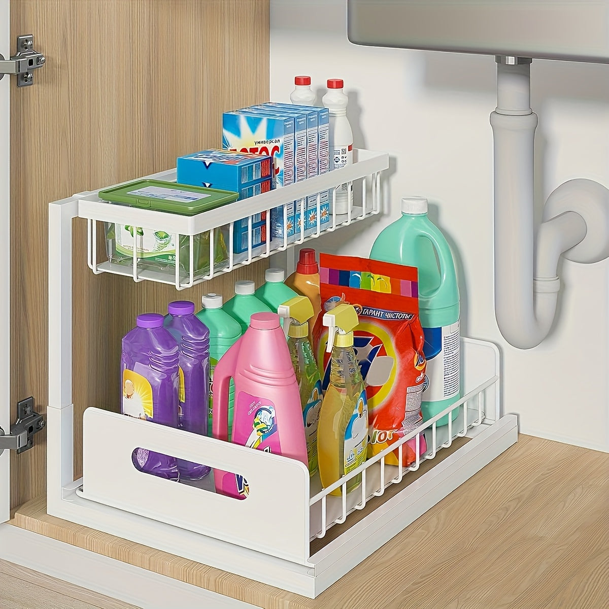 1pc/2pcs Kitchen Racks for Sink Organization And Storage, Double-layer Large-capacity Storage Sink Organization And Storage Racks, Slide-out Cabinet Organization Racks, Kitchen Metal Drawer Storage Racks