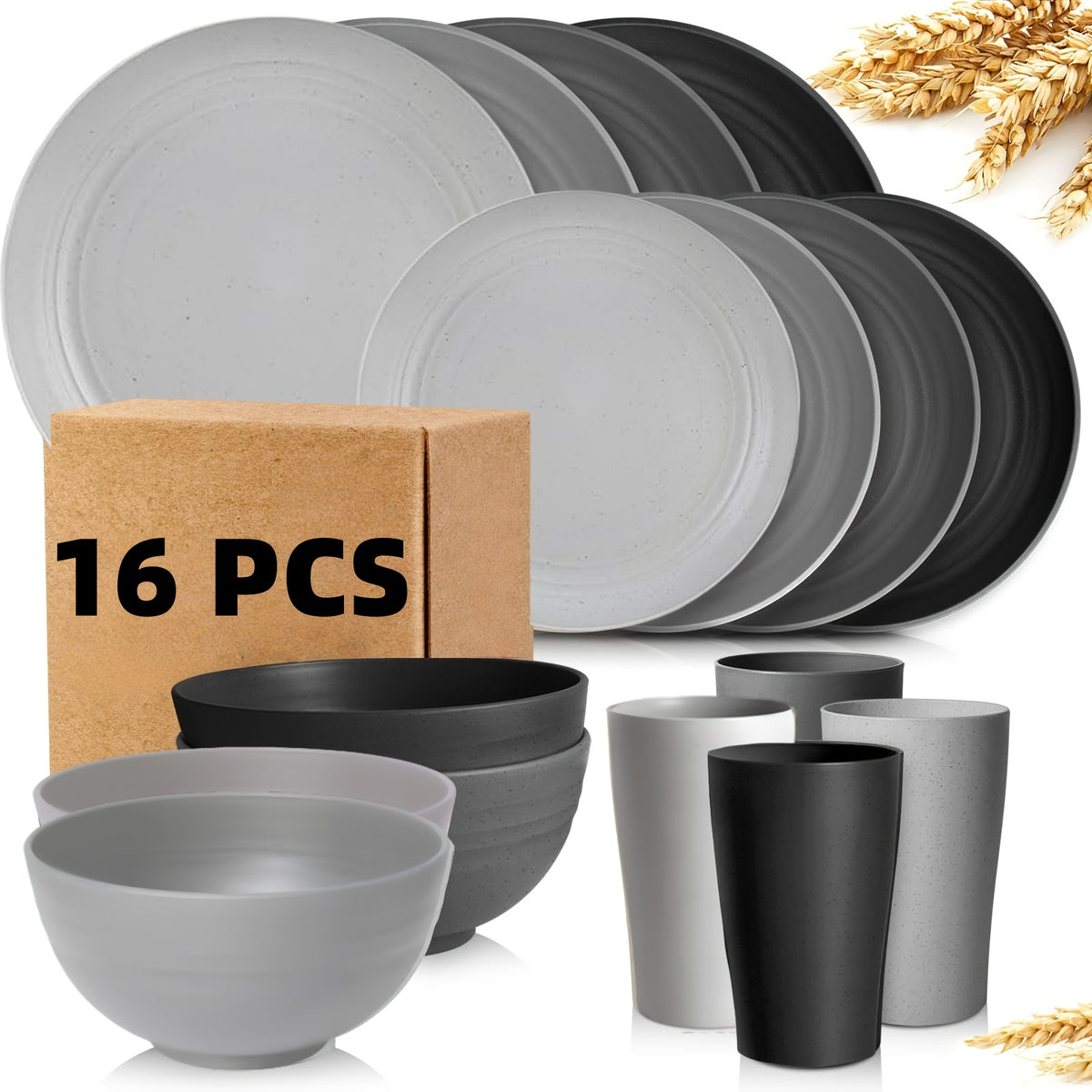 16pcs/32pcs Kitchen Wheat Straw Large Size Dinnerware Set, for 4/8, Unbreakable Modern Dish Set Dinner Plate/Dessert Plate/Cereal Bowl/Cup, Dishwasher Safe, Lightweight Tableware, Camping And Everyday Use, Gifts for Men/Women/Christmas/Halloween