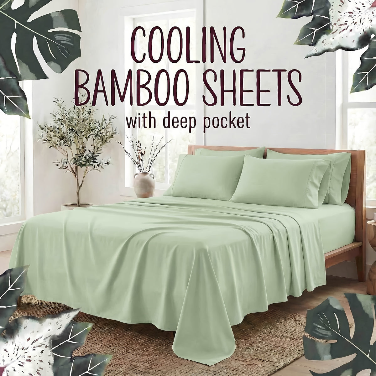 4-Piece Bamboo Fiber Bedding - Hypoallergenic and Temperature-Regulating, Suitable for All Seasons to Care for Deep Sleepers, Luxurious Bedding with Deep Pockets, Wrinkle-Resistant and No Ironing Needed, Great for Room and Bedroom Decor