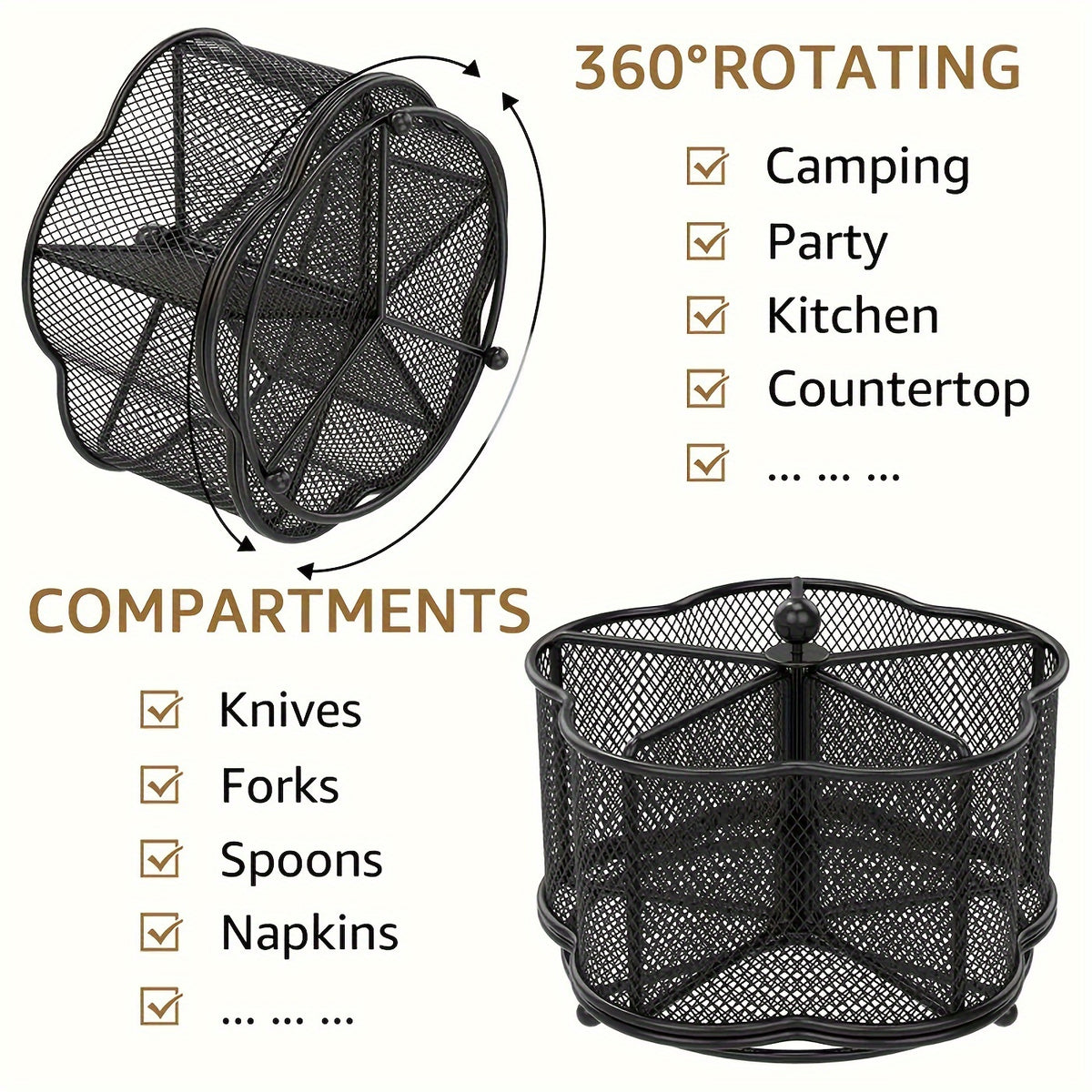1pc Metal Kitchen Utensil Holder, 360° Rotating Utensil Holder, Utensil Finishing Organizer with 5 Compartments, Rotatable Cutlery Holder for Kitchen Dining Tables Utensil