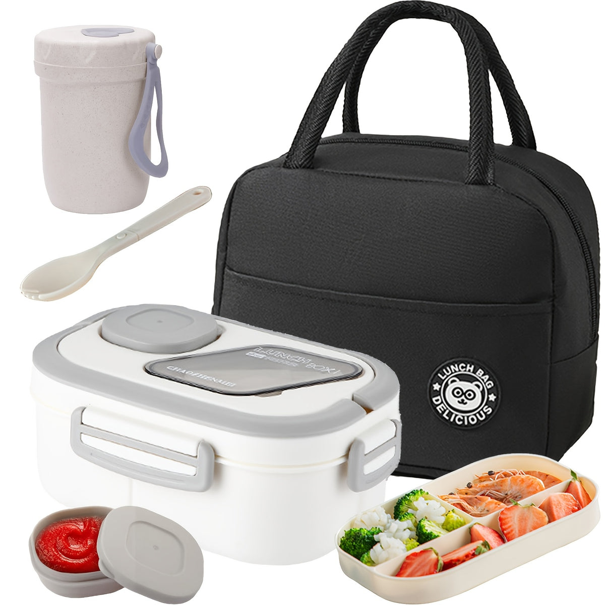 Two Tier Bento Lunch Box, Divided Meal Container in Pink, Blue, Green or White with Optional Cup and Lunch Bag Sets for School, Office and Picnics
