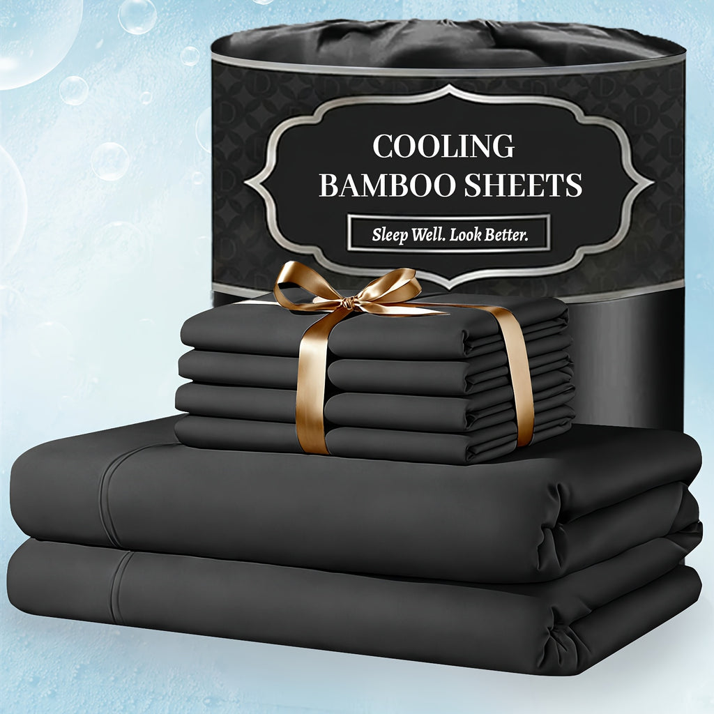 Extra Deep Pocket Bamboo Sheets - 4/6pcs Breathable & Cooling Bamboo Bed Sheet Set, Hotel Luxury Fitted Sheet Set, Soft Wrinkle-Free for Extra Deep Mattresses, Room Decor, Twin/Full/Queen/King Size Sheet & Pillowcase Sets