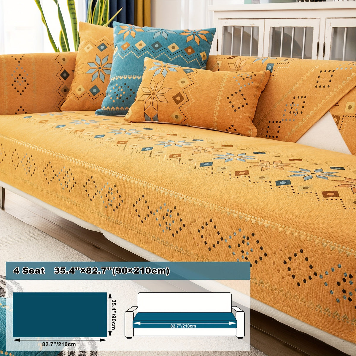 1pc Bohemian Chenille Sofa Cover Suitable for Sofa Sizes (Single to Four-Seater) - Thick Plush Non-Slip Couch Cover with Geometric Embroidery, Chenier Fabric Slipcover Fits for Sectional Sofas, Machine Washable Furniture