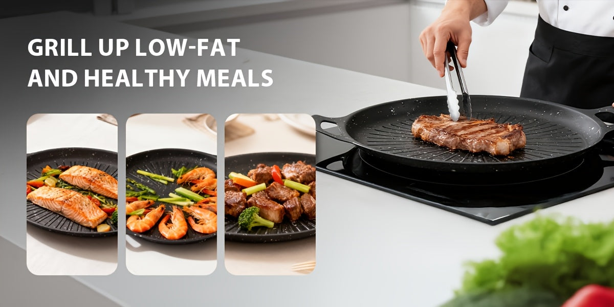 Nonstick Grill Pan with Oill Brush, Griddle Pan with Oil Drain Groove Even Heating, for Grilling And Sauce Locking- Pizza, Eggs, Grilling, Crepes, Easy Clean, Portable Frying Pan for Camping Cookware, Family Gatherings & Restaurant Use