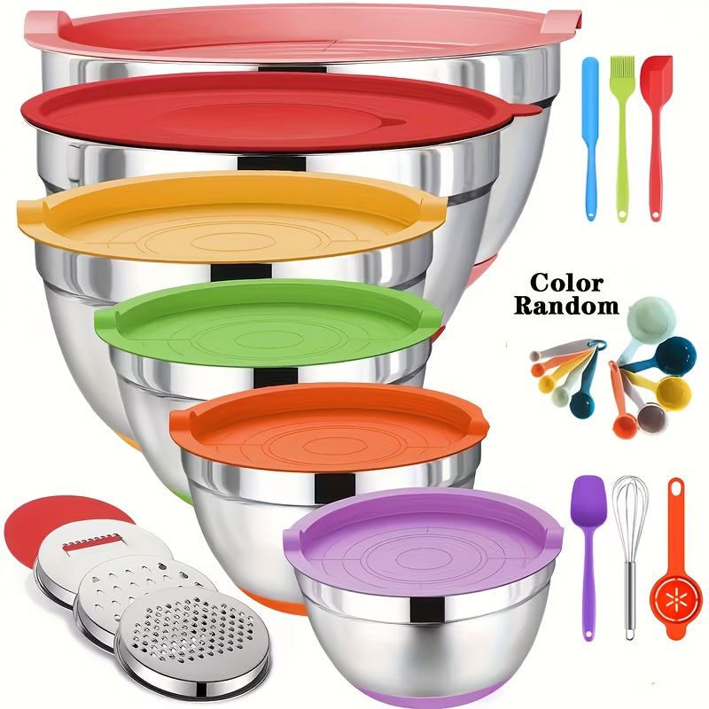 26pcs Stainless Steel Mixing Bowl Set With Sealed Lid And Anti Slip Silicone Bottom, 6 Bowls 4.5, 3.6, 2.7, 2.1, 1.7, 1.1QT Sizes+kitchen Tools, Suitable For Baking, Salad Making, Mixing, Kitchen Tidying, Christmas, Father'S Gifts, Gifts For Men