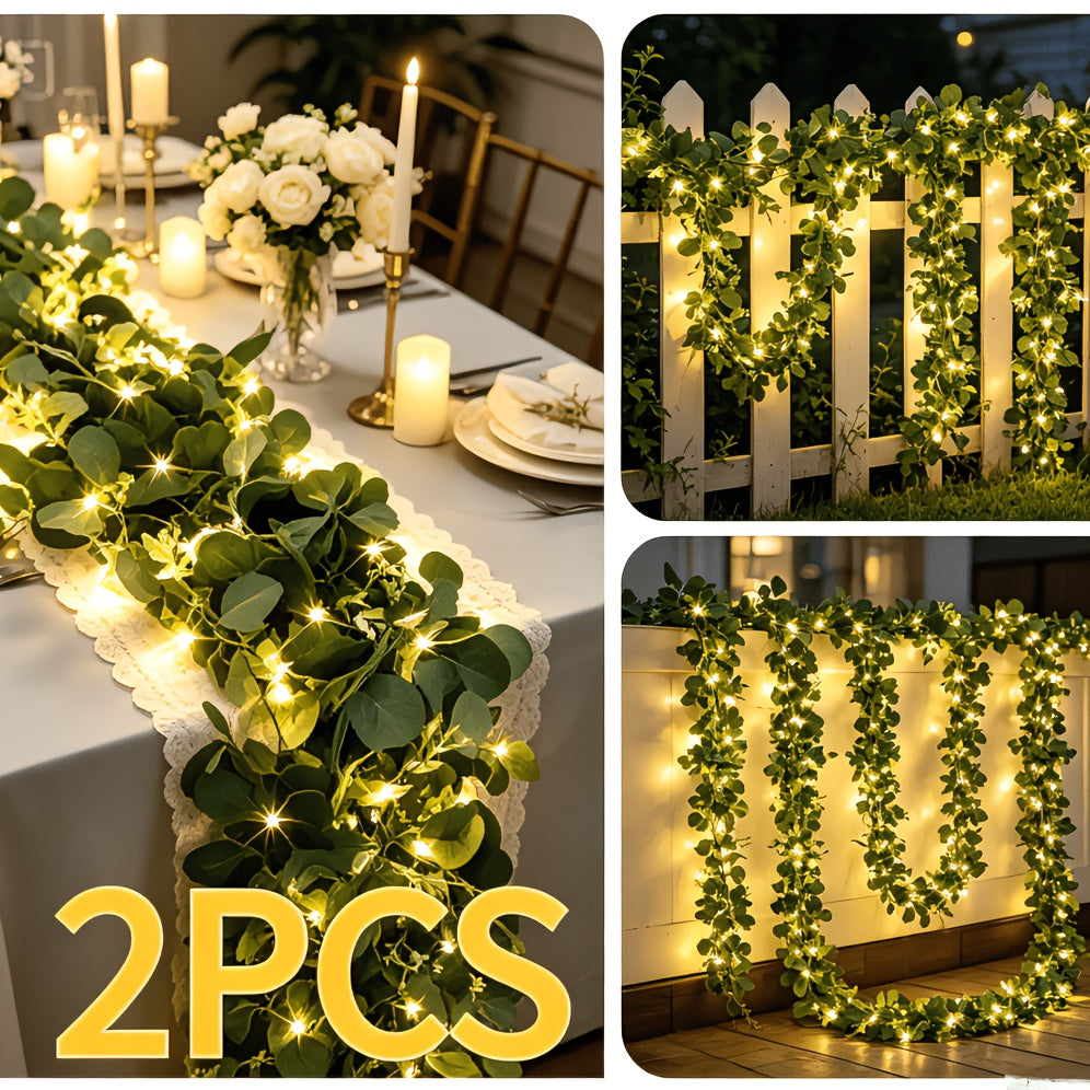 Lighted Eucalyptus Wreath, 2 Packs 6FT Green Flower Wreath Decoration, Artificial Simulated Eucalyptus Leaves Green Vine, Used for Table Runner Wedding Centerpiece Background Decoration(Warm Color)