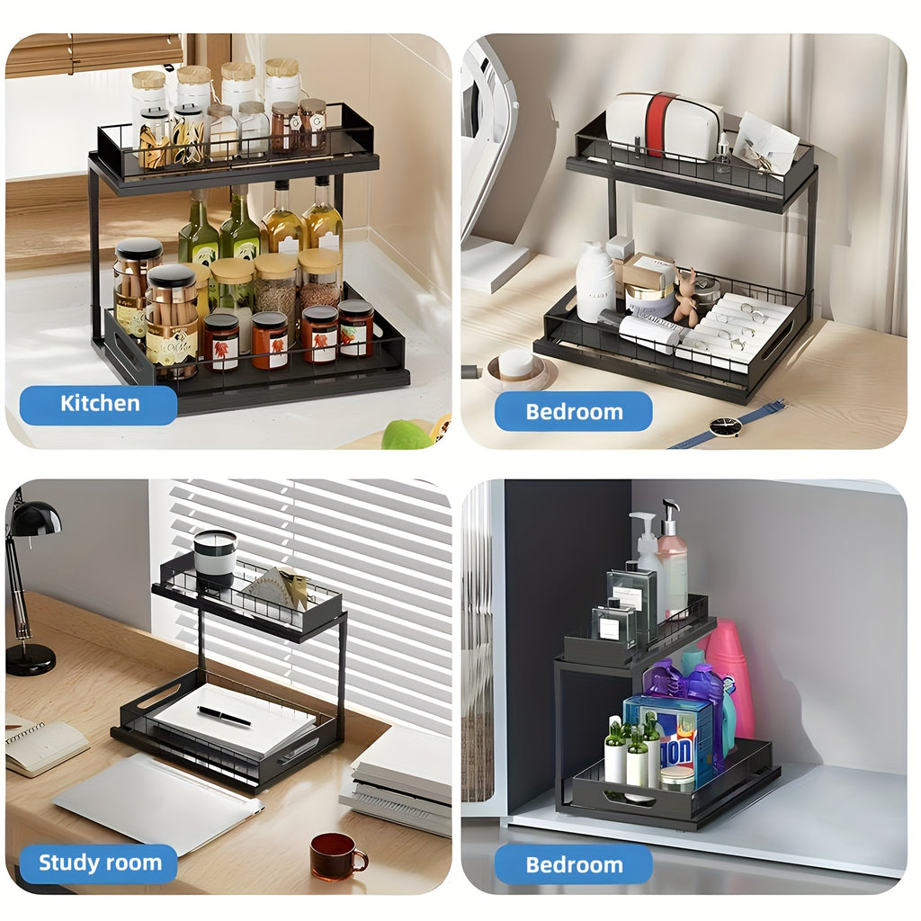 2-story Kitchen Sink Storage Containers, Push-pull Cabinet Organizer, Kitchen and Bathroom Organizers and Storage, Study, Tabletop, Metal Sliding Drawers, Practical and Convenient Kitchen Accessories Essentials, Kitchen Organizers and Storage