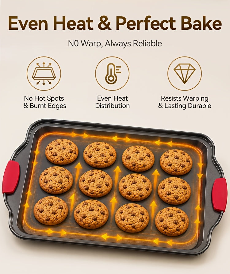 3pcs Nonstick Carbon Steel Oven Baking Pans Set With Detachable Silicone Handles, Premium Non-Stick Steel Bakeware Set, Commercial Grade Restaurant Quality Rimmed Sheets, Easy-Clean Baking Trays For Cookies, Pizza, Cake & Home Kitchen Use