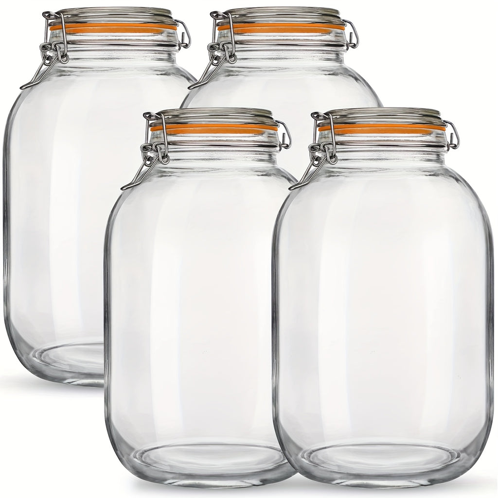 4-Pack 1 Gallon Glass Mason Jars with Airtight Wide Mouth Lids & Hinged Flip-Top Lid Suitable for Fermenting, Canning, Pickling, Preserving - Replacement Silicone Gaskets Included, Freezer Storage for Pantry, Root Cellar