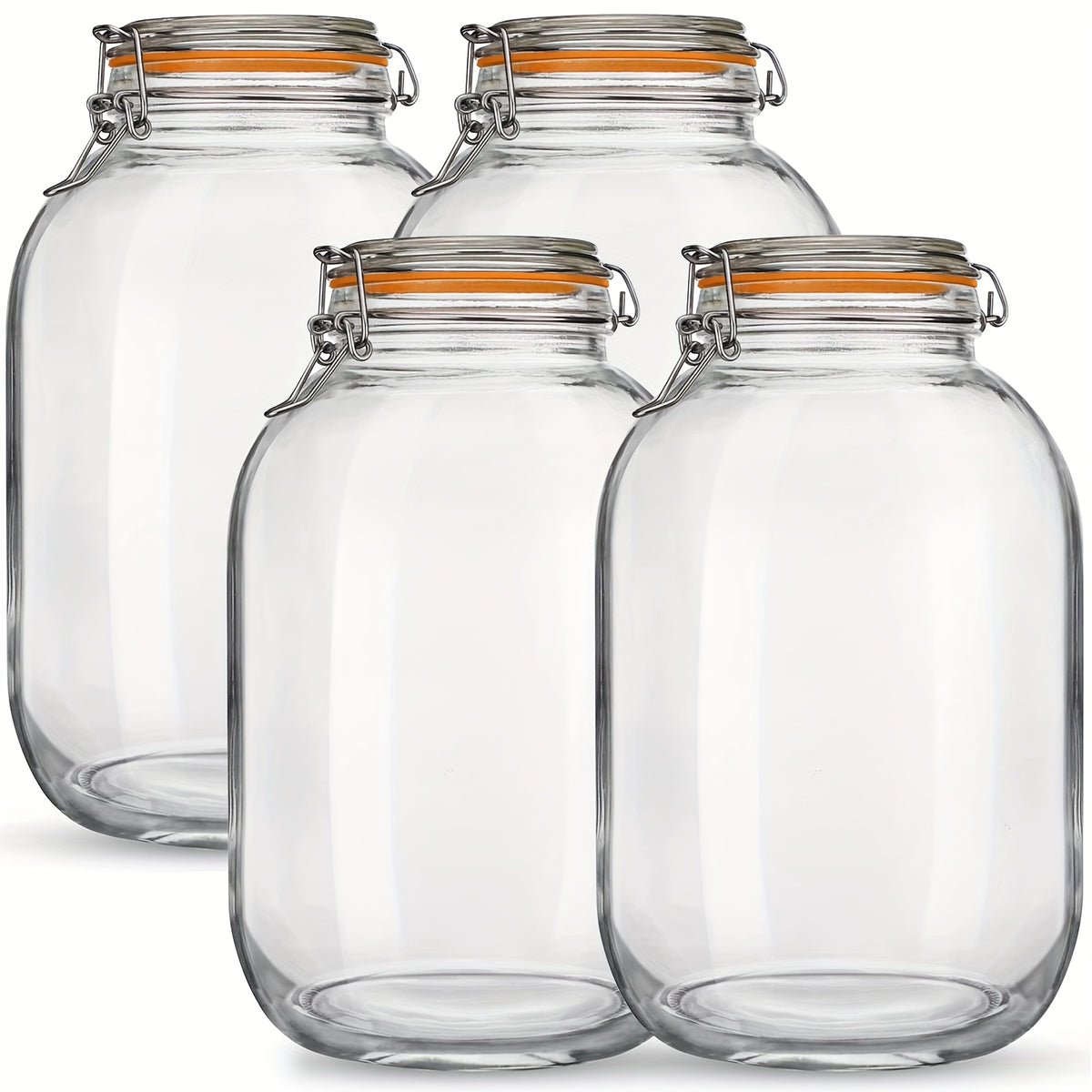 4-Pack 1 Gallon Glass Mason Jars with Airtight Wide Mouth Lids & Hinged Flip-Top Lid Suitable for Fermenting, Canning, Pickling, Preserving - Replacement Silicone Gaskets Included, Freezer Storage for Pantry, Root Cellar