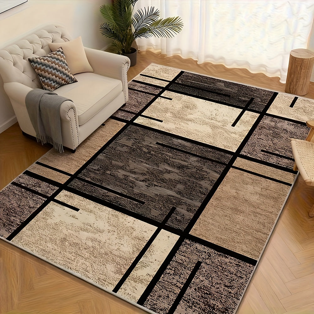 Luxury Velvet Area Mat - Premium Machine Washable, Fade-Resistant Polyester Mat for Living Room, Bedroom, Office, And Outdoor Decor - Rectangle, Lightweight, And Easy to Clean - 850 GSM, Beige And Brown Geometric Pattern, Comfortable Bedroom Mat