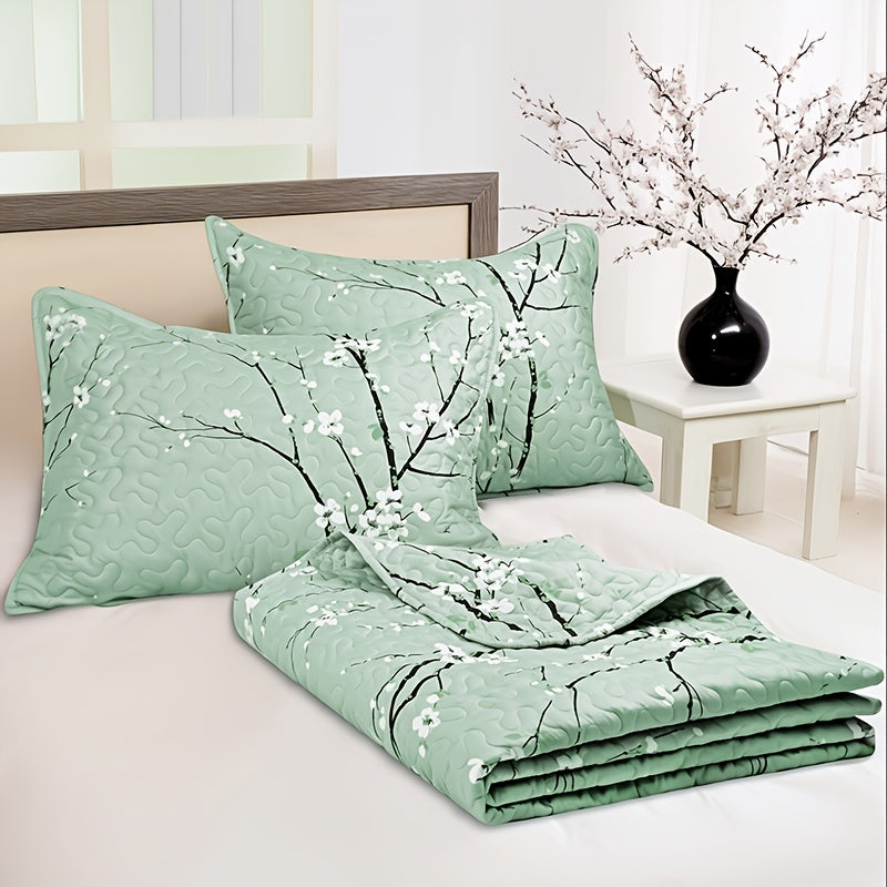 2/3pcs Multicolour Tree Branch Plum Blossom Quilted Quilt, 1pc Quilted Quilt+ 1/2pcs Pillowcases, Soft Breathable Comfortable Portability Hypoallergenic Machine Washable Bed Cover Bedding Room Decor, Twin/ Queen/ King Size