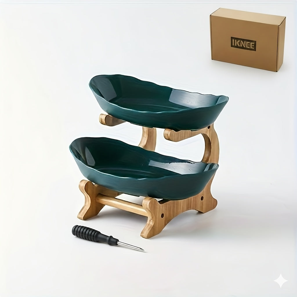 2/3 Tier Luxurious Wooden Elegant Fruit Stand- Double Layer Fruit Bowl and Creative Candy Display- Made of Natural Wood, Suitable Snack Tray for Living Room, Space-saving Design, Easy to Assemble, Father'S Day Gift, Kitchen Dessert Tray