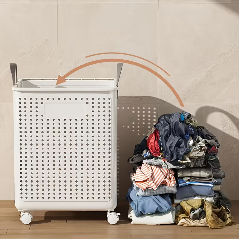 Collapsible Wheeled Laundry Hamper, Ventilated Plastic Clothes Basket in Large or Extra Large, Cream or White for Apartment, Bathroom and Laundry Room Storage