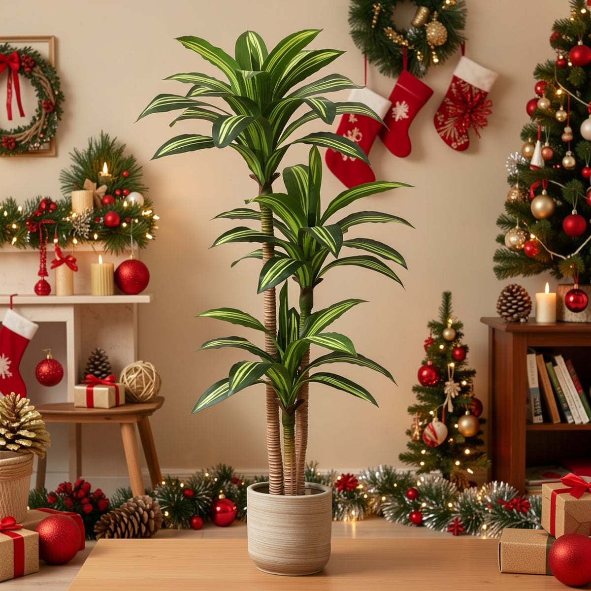 Artificial Dracaena Tree in Pot, 4 5 or 6 Foot Faux Plastic Tropical Floor Plant with Adjustable Branches and Leaves for Living Room and Home Office Decor