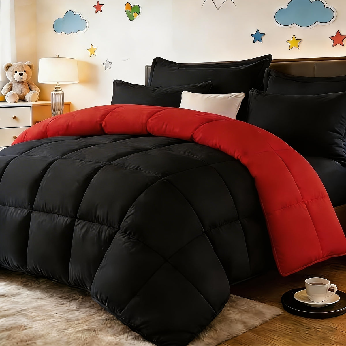 2/3pcs Red And Black bedding with All-Season Comforter, Available in Standard Double/King Double/Super King Sizes. Includes 1 Comforter And 1/2 Pillowcases, Suitable for Kids' Rooms, School Dormitories, Apartments