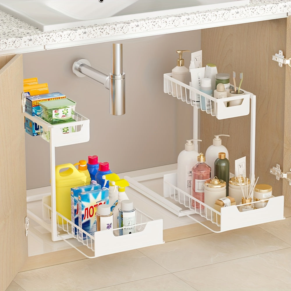 Sliding Under Sink Storage Rack, Two-Tier Metal Cabinet Organizer with Narrow Upper Basket and Pull-Out Lower Drawer in Black White or Gray, 1 or 2 Pack