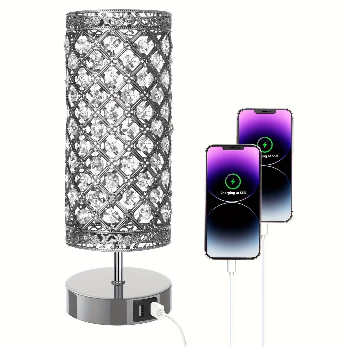 Touch Control Crystal Table Lamps With 2 USB Ports, 3-Way Dimmable Bedside Nightstand Lamps With Decorative Crystal, Small Table Lamps For Bedrooms Living Room, Office, Led Bulb Included