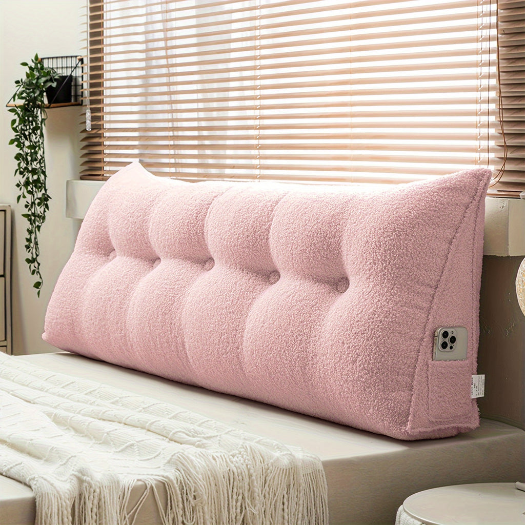 Headboard Reading Pillow, Triangular Teddy Velvet Backrest Cushion with Side Pocket and Removable Washable Cover for Twin, Queen and King Beds