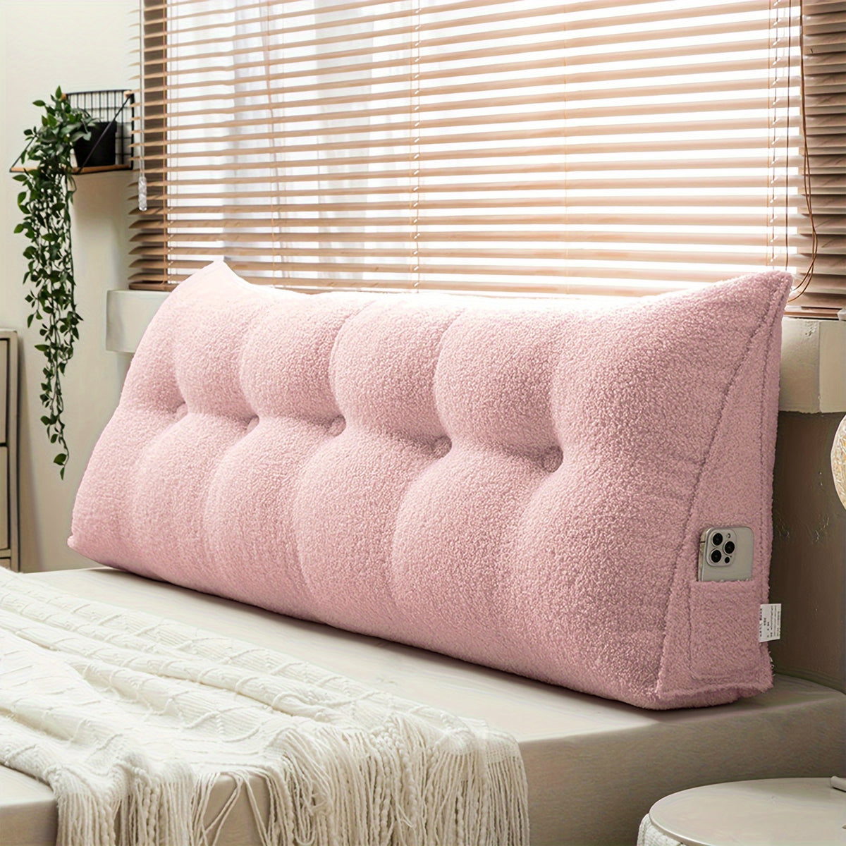 Headboard Reading Pillow, Triangular Teddy Velvet Backrest Cushion with Side Pocket and Removable Washable Cover for Twin, Queen and King Beds