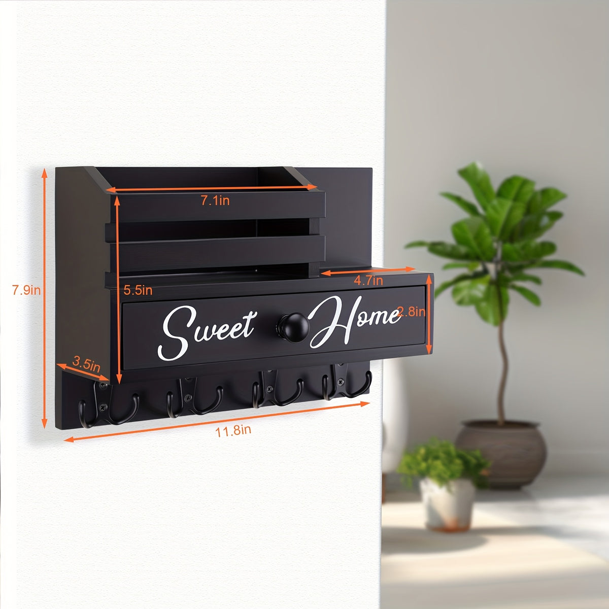 Wall Mounted Key and Mail Holder with Drawer, Rustic Wood Entryway Organizer with 8 Hooks and Shelf for Hallway, Mudroom, Kitchen and Office Storage