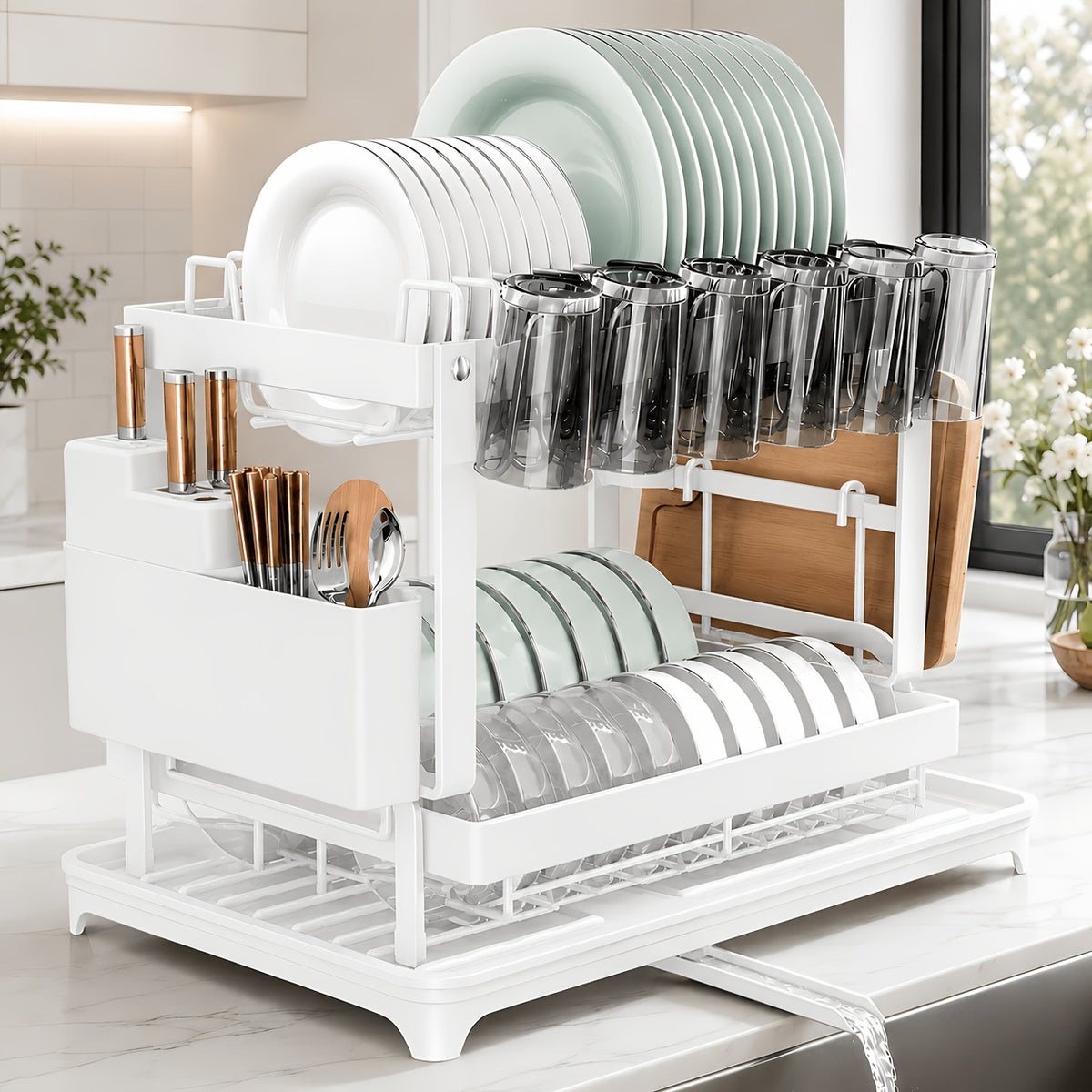 Two-Level Dish Drying Rack for Kitchen Surfaces, Dish Drainer with A Drainboard, Metal Kitchen Dish Holder with Drainage, Two-Tier Kitchen Drying Rack, Black Dish Holders, Standing Shelf Units, Standing Shelf