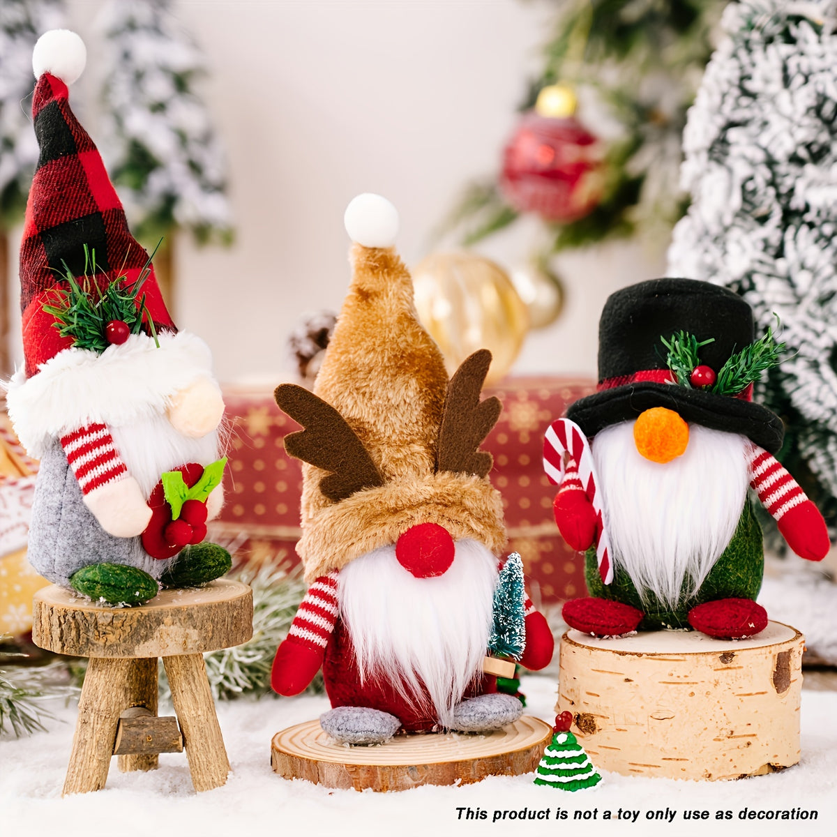 3Pcs Christmas Decorations, Plaid Hats, Forest Elderly Decorations, Deer Antler Dwarf Rudolf Dolls, Christmas Decorations, Elegant Decorative Tabletop Faceless Dwarf Standing Dolls, Creative Decorative Doll Tabletop Decorations