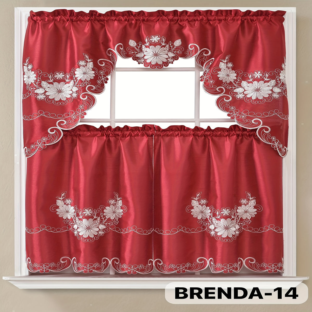 3pcs Bamboo Embroidered Kitchen Curtain Set, Floral Embroidery, Lightweight and Soft, Easy Care, Machine Washable, Satin Fabric, Embroidered