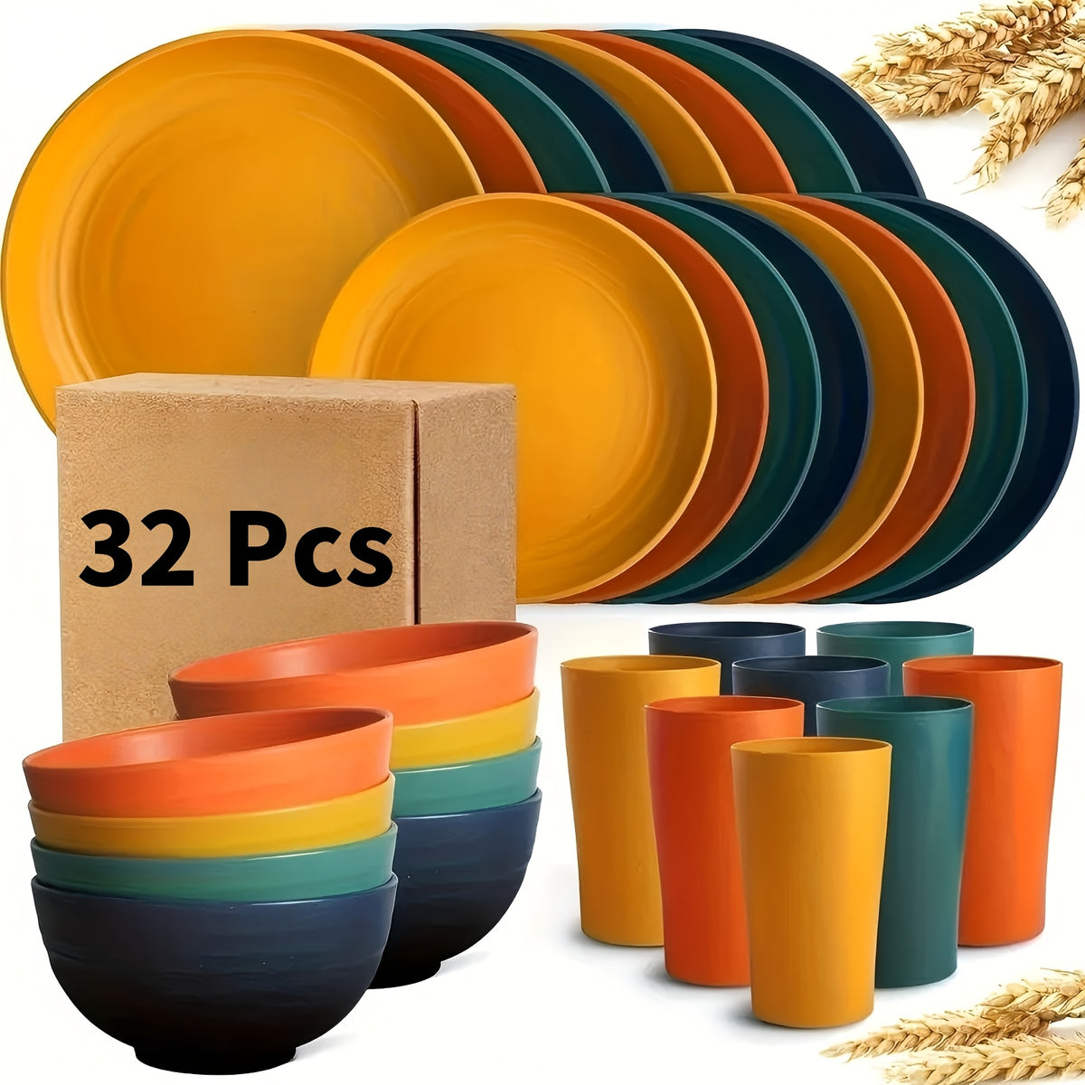 [Unbreakable Dinnerware Set] 32/16/4pcs Wheat Straw Dinnerware Set | Service for 8/4, Large Size Modern Dish Set-Plate/Dessert Plate/Bowl/Cup, Lightweight Tableware, Perfect for Camping, Gifts for Christmas/Halloween, Local Warehouse Items