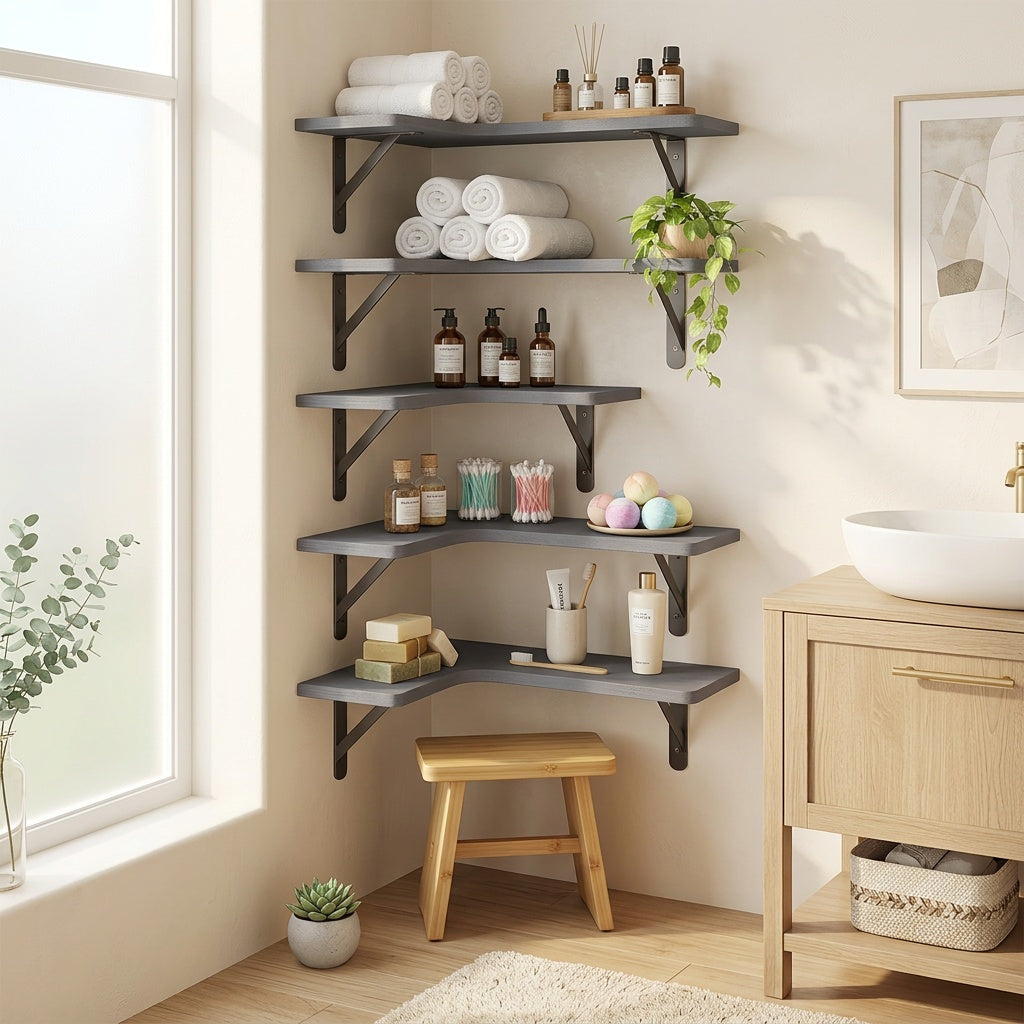 Rustic Wood Corner Floating Shelves, 5-Piece Color Options or 6-Piece Black Wall Storage Set for Bathroom, Kitchen, Bedroom and Living Room Displays