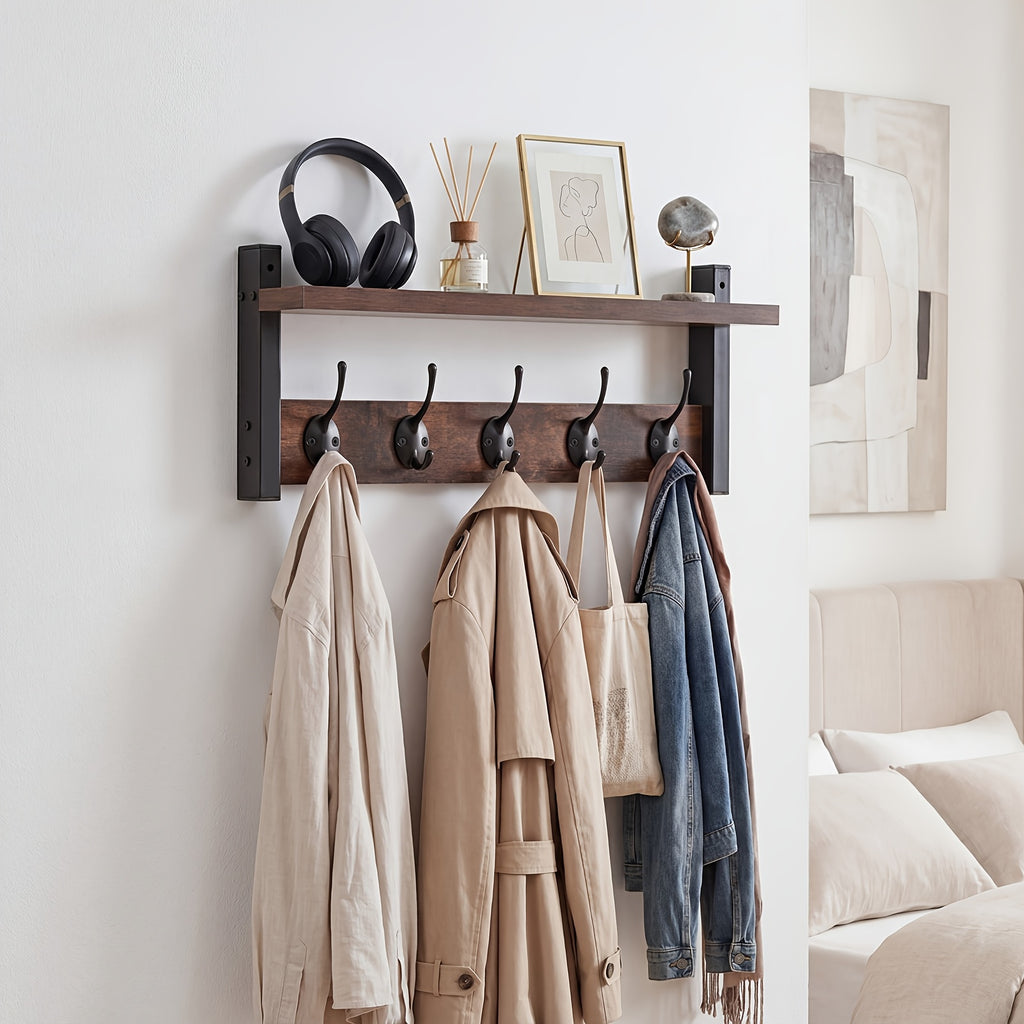 Wooden Wall-Mounted Shelf - Coat And Key Organizer with Floating Shelf And 5 Hooks, Key Rack for Bedroom And Entryway Storage, Towel Organizer for Bathroom, Suitable for Kitchen, Living Room, Bedroom, Bathroom