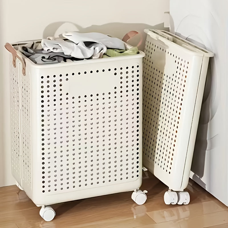Rolling Foldable Laundry Basket, Plastic Wheeled Hamper in Large or Extra Large with Cream and White Options for Small Apartments and Bathroom Storage