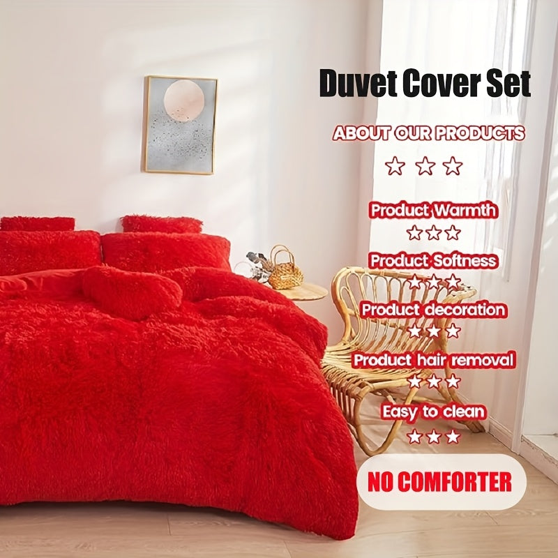 4pcs Fluffy Comforter Cover Set Queen King, Soft Plush Duvet Cover Set with Pillow Shams, All Season Cozy Bedding, No Insert