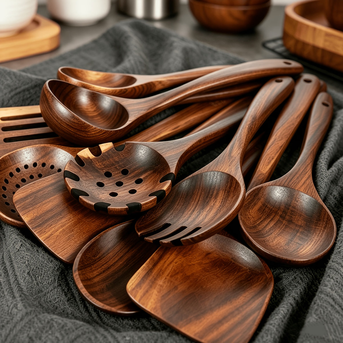 10pcs Non Stick Cookware Set, Wooden Kitchen Utensils, Heat-resistant, Including Shovel And Perforated Wooden Spoon. It Is A Stylish And Durable Wooden Multifunctional Set Suitable For Kitchen, Cooking, Baking, As Well As Casual And Formal.900g
