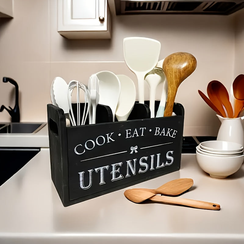 Rustic Wooden Kitchen Utensil Holder, 1pc 3-Compartment Storage Box, Kitchen Must Haves, Countertop & Wall-Mounted Organizer, Wood Material, Kitchen Accessories For Cook, Eat, Bake Tools, Kitchen Organizers And Storage