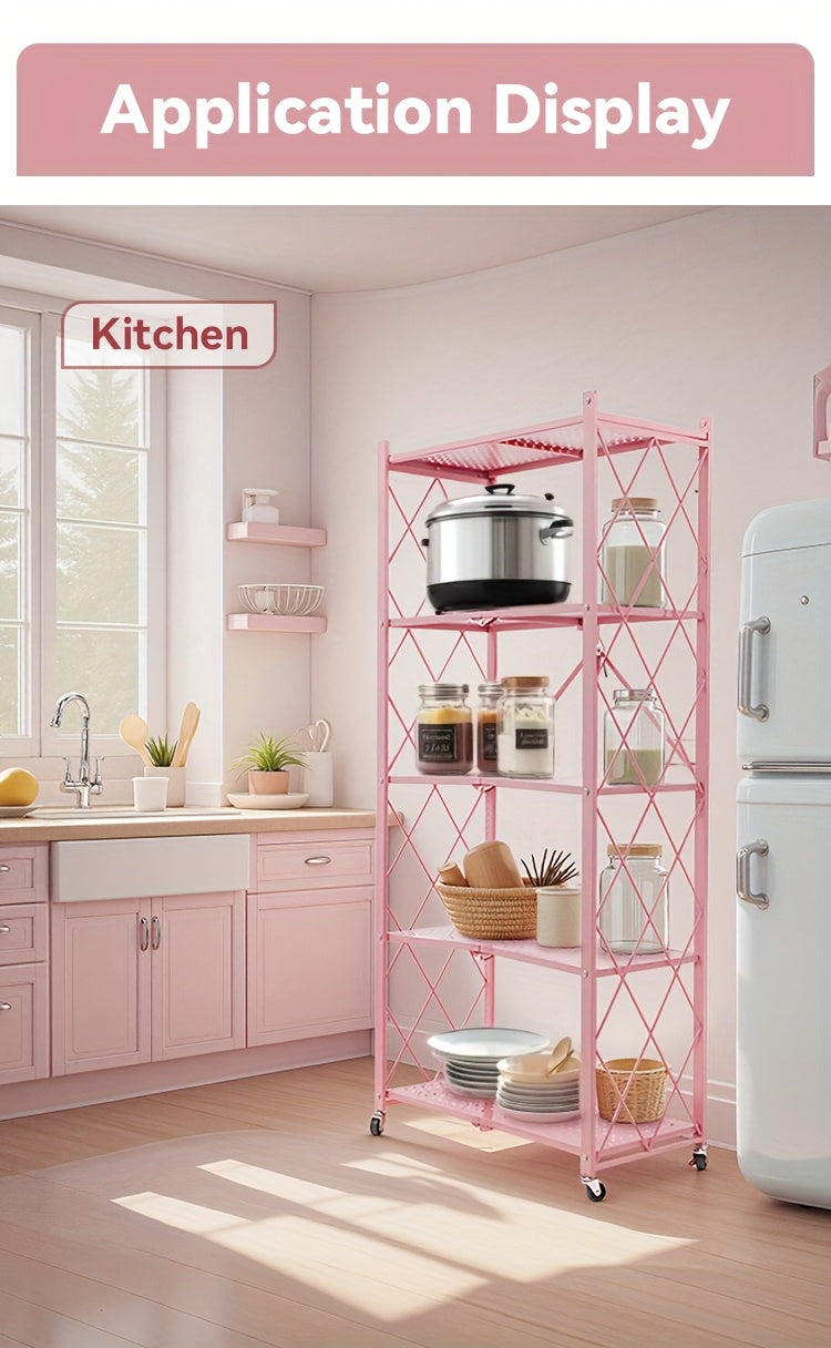 No-Assembly Rolling Storage Rack, 3 4 or 5 Tier Folding Metal Shelves with Locking Wheels in Pink, Green, Black or White for Kitchen and Dorm Organization