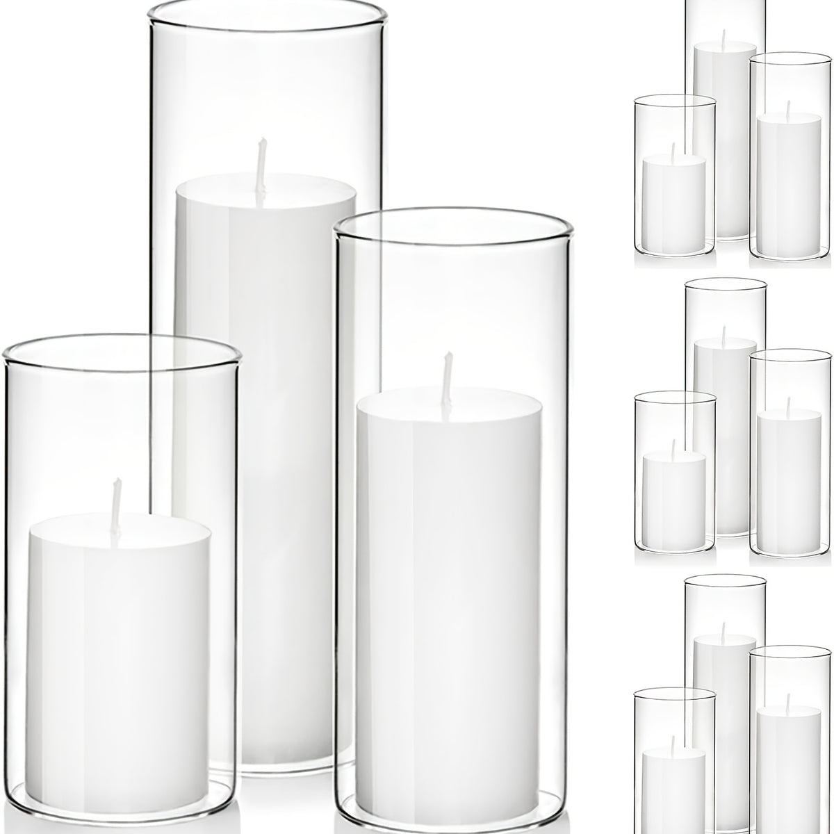 White Pillar Candles with Clear Glass Hurricane Holders- Elegant Cylinder Candle Vases for Weddings, Parties, Centerpieces, Home & Office Decor